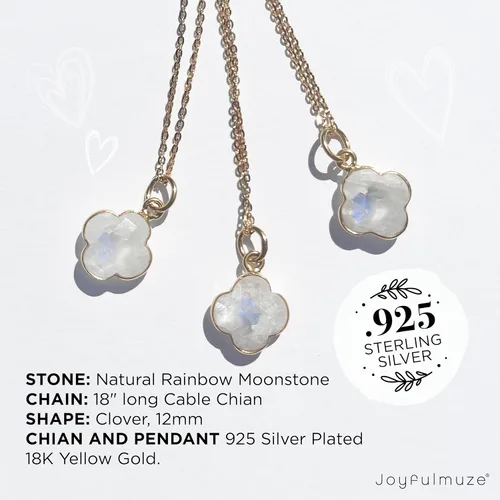 Vista 41 de Genuine Gemstone Necklace, Carved Four Leaf Clover Shape, Amethyst, Moonstone, Amazonite, Tourmaline, Labradorite, 925 Sterling Silver Jewelry