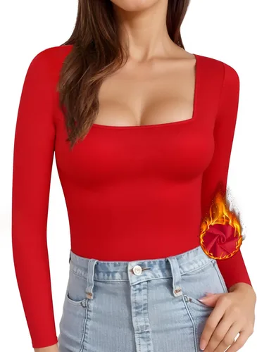 Vista 33 de MANGOPOP - Camisetas ajustadas de manga corta y manga larga con cuello cuadrado para mujer A01 Manga Corta Negro