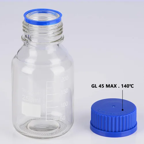 Vista 3 de stonylab Botellas de almacenamiento graduadas con tapa de rosca GL45, 8.5 fl oz de vidrio de borosilicato, botellas redondas de almacenamiento