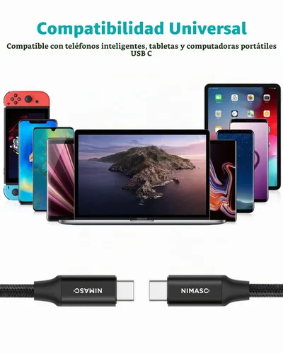 Vista 7 de Cable NIMASO USB C 3.1 Gen 2 de transferencia de datos de 10 Gbps, cable de monitor de salida de video 4K, carga rápida PD de 100 W para iPhone Negro