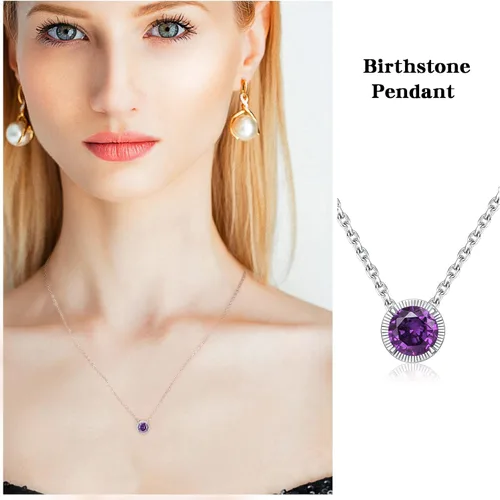 Vista 5 de Collar de plata de ley con piedra natal para mujer, delicado collar redondo con colgante de circonita cúbica, joyería solitaria, regalo