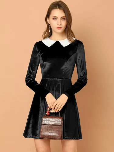 Vista 2 de Allegra K Vestido de manga larga de terciopelo vintage de Halloween para mujer con cuello Peter Pan