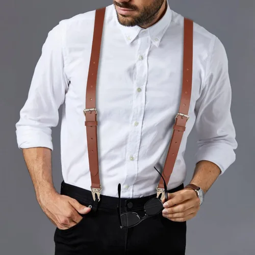 Vista 6 de Liguero de cuero genuino para hombre Tirantes de cuero con diseño en Y Regalos de padrinos de boda Liguero ajustable con ganchos Tirantes