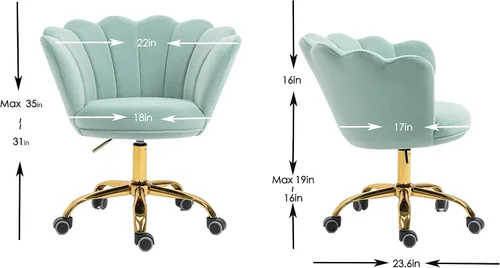 Vista 3 de Silla cómoda de oficina en casa con ruedas, linda silla de escritorio ajustable de terciopelo con respaldo de concha marina moderna giratoria