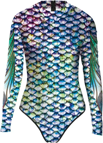 Vista 4 de Traje de baño de una pieza de manga larga para mujer, con estampado de sirena, cremallera, traje de baño de surf