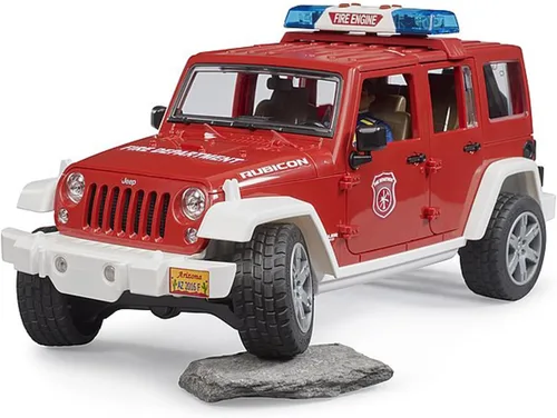 Vista 3 de Bruder Jeep Rubicon - Vehículo de rescate de bomberos con sonidos electrónicos de sirena de emergencia y figura de bombero Jeep Wrangler Unlimited