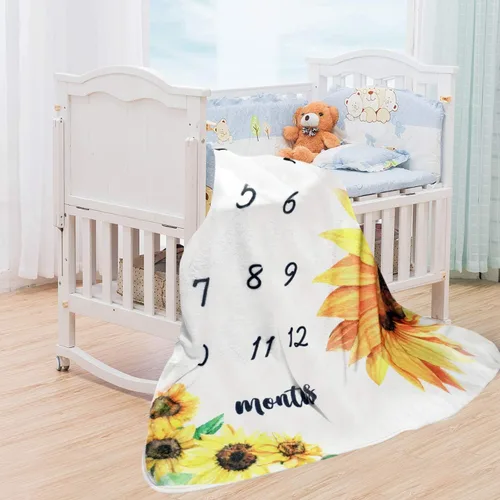 Vista 8 de Tebaby Manta mensual de hito para bebé niña, manta de girasol para recién nacido, regalo personalizado para ducha, decoración floral de guardería