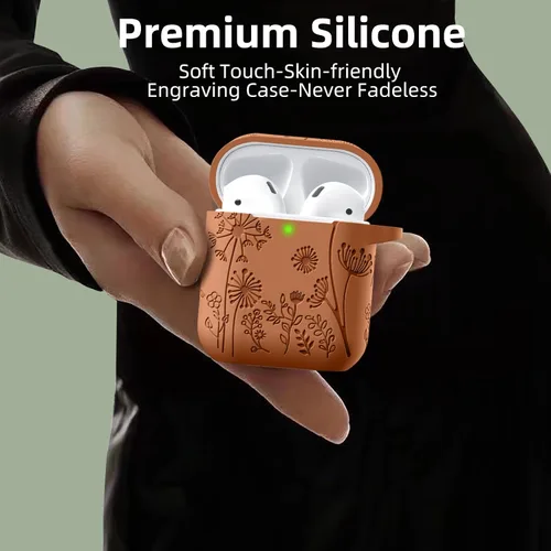 Vista 4 de Lerobo - Funda grabada con flores para el estuche de AirPods, protector suave de silicona con llavero, compatible con el estuche de carga de Apple