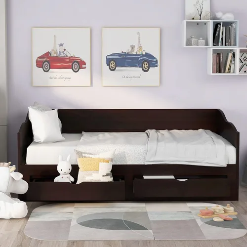 Vista 3 de Polibi Sofá cama extensible, sofá cama de madera con nido y dos cajones, sofá cama convertible con 2 cajones de almacenamiento, se puede ampliar