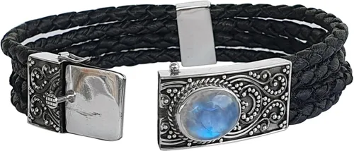 Vista 7 de Pulsera de plata de ley 925 hecha a mano con piedra lunar de fuego azul natural para hombres y mujeres, joyería de moda, Plata Esterlina, piedra