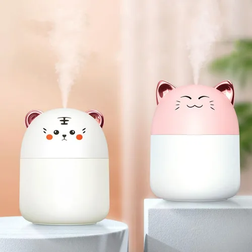 Vista 5 de Wakauto Mini humidificador USB con diseño de tigre de dibujos animados, humidificador de aire portátil para oficina, dormitorio, escritorio, luz