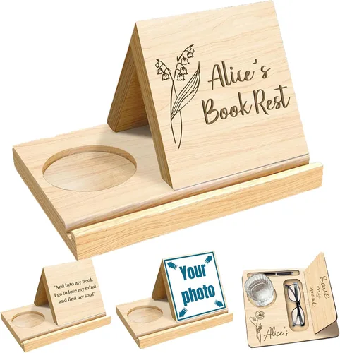 Vista 7 de Soporte triangular de madera personalizado para libros de escritorio personalizado para reposar páginas, texto grabado, estantería de roble sólido