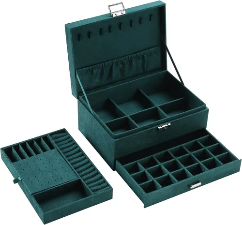 Vista 3 de ZUZOOQ ZUZ002A - Caja organizadora de joyas de terciopelo de 3 capas con cerradura para anillos collares aretes verde 94 x 67 x 43in