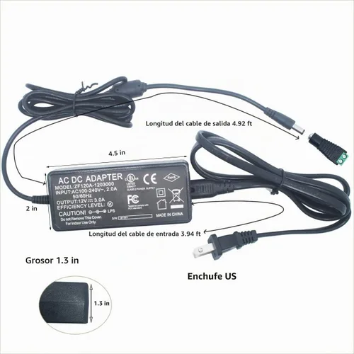Vista 2 de Litever Fuente de alimentación, transformador LED, 12 V CC 3 amperios, 110 VCA a 12 V CC, salida máxima 3A, 36 W. Enchufe de entrada estándar de 110