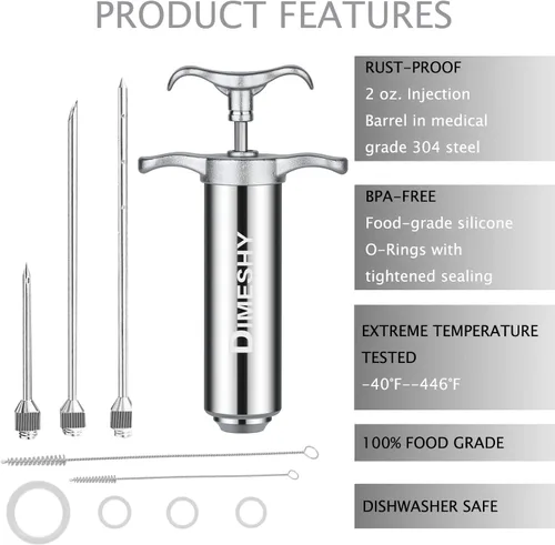 Vista 5 de Kit de inyector de carne de acero inoxidable 304 resistente con barril de gran capacidad de 2 onzas con 3 agujas comerciales de adobo