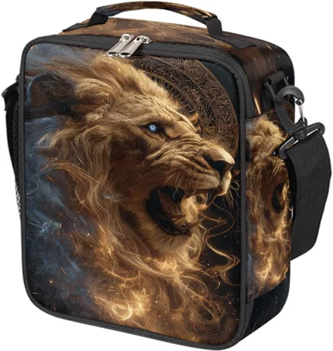 Vista 29 de Pardick Divertida bolsa de almuerzo aislada con calavera de fuego para adolescentes y niños, lonchera portátil reutilizable con correa