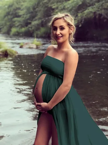 Vista 5 de YnimioAOX Vestido de maternidad de tubo sin tirantes con hombros descubiertos para mujer, para fotografía, vestido de gasa frontal dividido