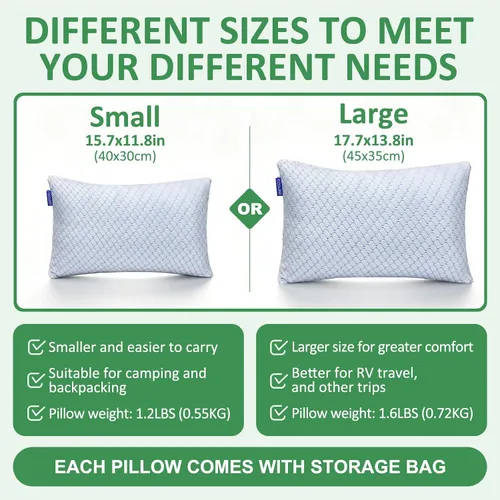 Vista 5 de Almohada de viaje – Paquete de 2 almohadas pequeñas comprimibles para acampar para dormir, almohada de espuma viscoelástica triturada con bolsa