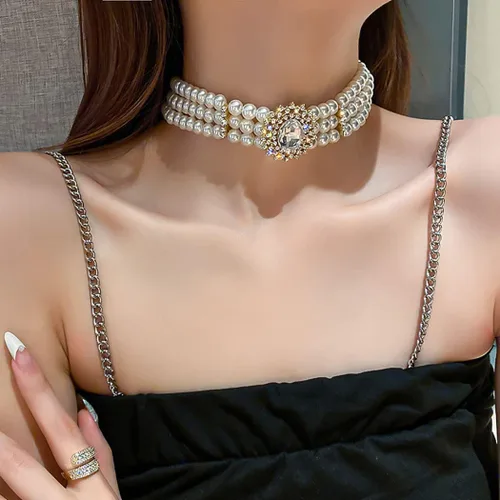 Vista 2 de ELABEST Collar de perlas para mujer, collar de diamantes de imitación, gargantilla de perlas de moda, cadena de tenis de moda, joyería de dama