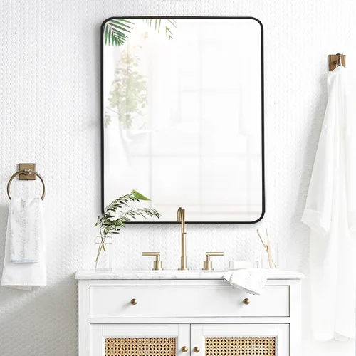 Vista 18 de Espejo rectangular de baño de 30 x 30 pulgadas con marco de metal negro, espejo rectangular de esquina redondeada para pared, moderno y grande