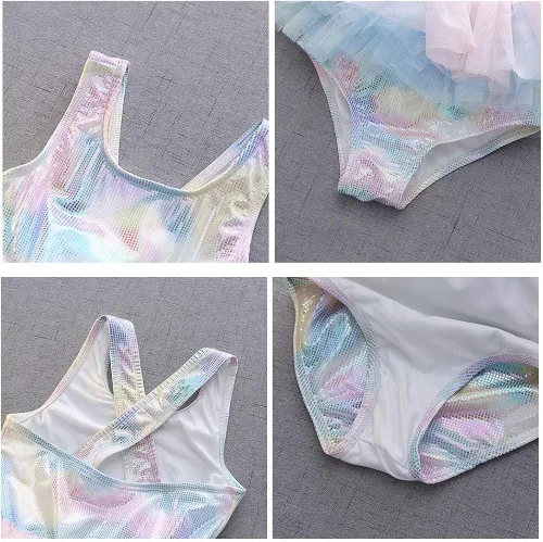 Vista 4 de HIHCBF Traje de baño de una pieza para niñas con volantes Tutú con gorra de sirena y escala ropa de playa