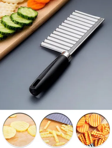 Vista 4 de Cuchillo de corte arrugado de acero inoxidable para papas y zanahorias, papas fritas, verduras y frituras francesas, cortador ondulado, cuchilla