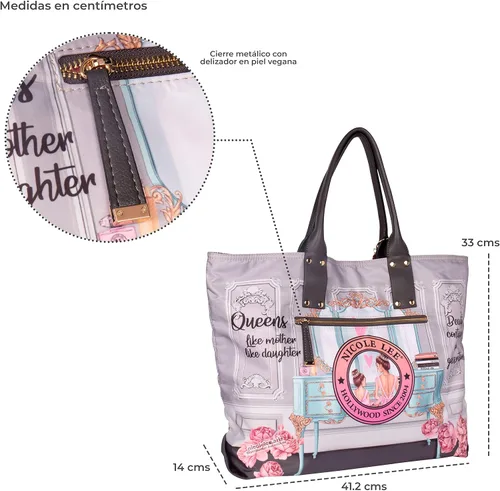 Vista 5 de Nicole Lee Bolso reversible de 2 caras grande de gran tamaño, estampado de moda, bolsa de hombro metálica de viaje