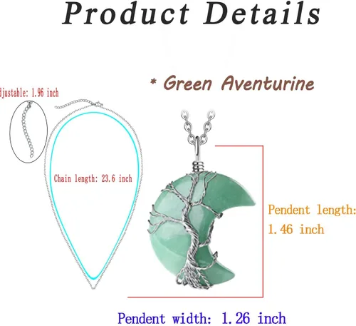 Vista 6 de MAIBAOTA Collar de cristal curativo, collar de luna creciente envuelta en alambre de la vida del árbol, collares con colgante de piedra natural