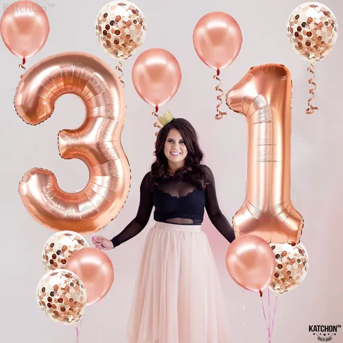 Vista 6 de Katchon, Globo de oro rosa con el número 31 de 40 pulgadas, decoraciones de Globos del número 31, globos del número 3 y 1 con 5 globos de látex