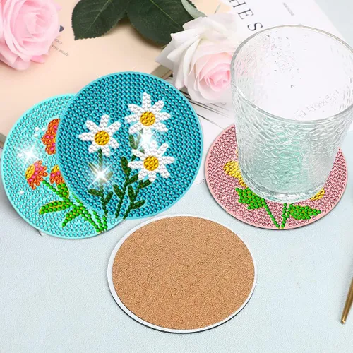 Vista 6 de DOTZSO Juego de 8 posavasos de arte de diamante con soporte, kits de arte de diamantes para adultos principiantes, pequeños posavasos de pintura