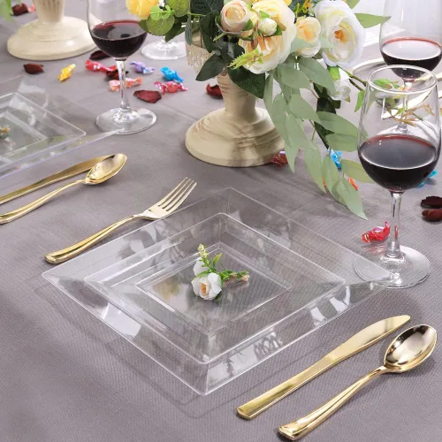 Vista 8 de WDF 60 platos de plástico transparente – Platos cuadrados desechables para postre/ensalada – Plato de plástico de 7 pulgadas para aperitivos de boda