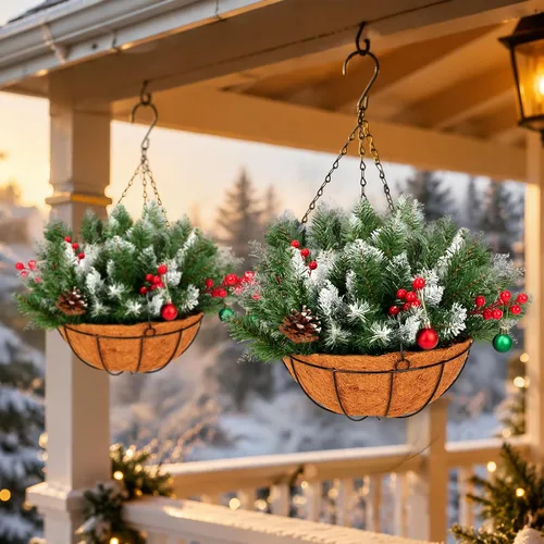 Vista 4 de Cesta colgante de Navidad artificial de 20 pulgadas, paquete de 2 2 cestas de flores de Navidad