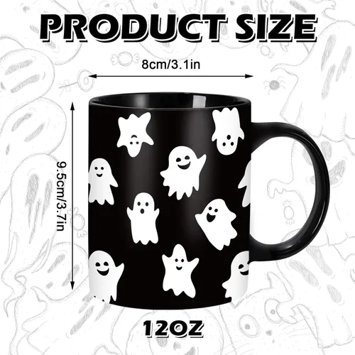 Vista 2 de Whaline Taza de Halloween de 12 onzas con diseño de fantasma, taza de café con fantasmas negros y blancos de cerámica, tazas de fiesta de Halloween