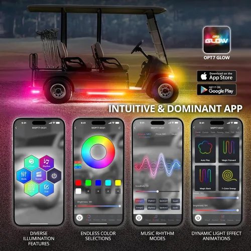 Vista 2 de OPT7 Aura DreamColor - Kit de luz LED para carrito de golf de 12 V con aplicación y control remoto, 4 tiras de luz multicolor impermeables
