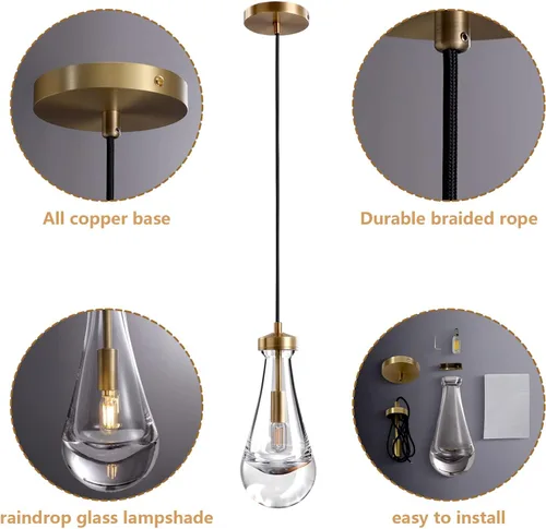 Vista 6 de Lámpara colgante moderna, diseño de gota de lluvia, lámpara de techo de cristal para interiores, 5 pies de profundidad x 12.5 pies de alto, latón