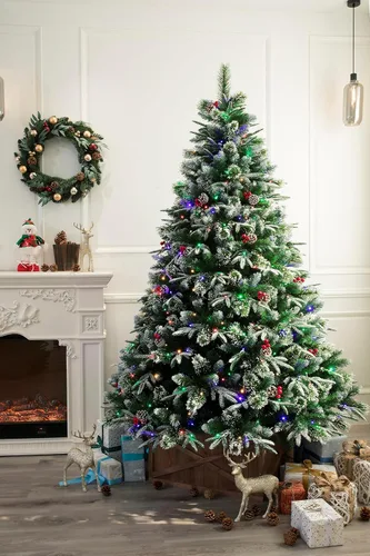 Vista 3 de Árbol de Navidad de pino flocado súper doble preiluminado con luces LED que cambian de color (6 pies preiluminado)