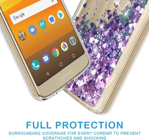 Vista 4 de Funda para Moto G6 Play, Moto G6 Forge con protector de pantalla de vidrio templado, Rosebono Quicksand Glitter Bling Liquid TPU Bumper Funda Púrpura