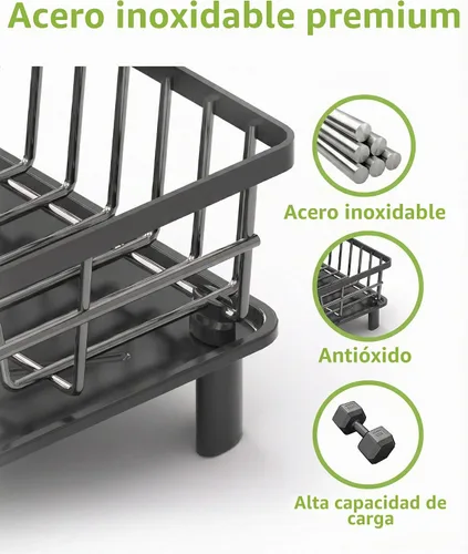 Vista 5 de Escurridor de platos para encimera de cocina, escurridor de acero inoxidable con soporte desmontable para cubiertos, sistema de drenaje automático