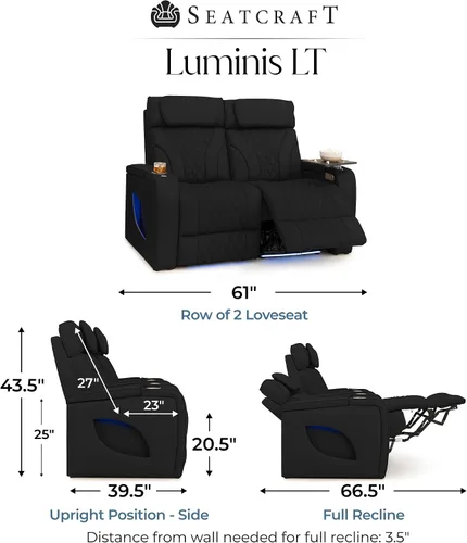 Vista 2 de Seatcraft Luminis LT - Asiento de cine en casa, fila negra de 2 plazas Negro