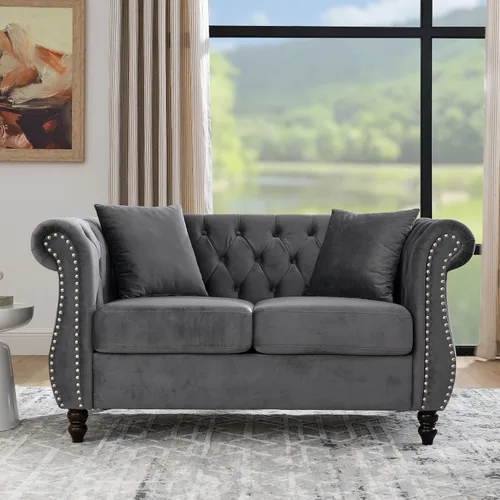 Vista 19 de Juego de Sofá Combinado de Terciopelo Chesterfield de 2 Piezas para Sala de Estar, Sofá de 3 Plazas y Loveseat con Tapizado Capitoné con 4