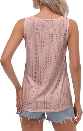 Vista 5 de Womens Tank Tops Eyelet Embroidery Scoop Neck Sleeveless Shirts for Casual Loose Fit Basic 2024 Summer Top Clothes