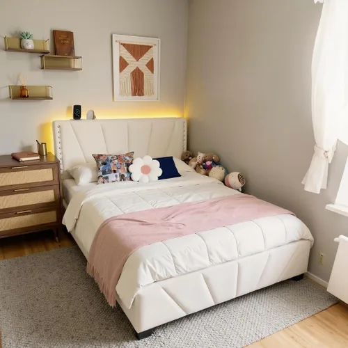 Vista 7 de EnHomee Base de cama de plataforma individual con cabecera ajustable tapizada de terciopelo, luces LED y estación de carga para dormitorio, Beige