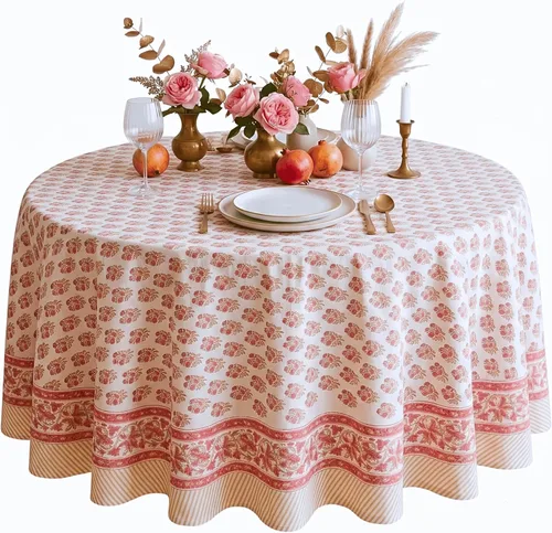 Vista 17 de ATOSII Amalfi - Mantel redondo de verano 100% algodón, estampado en bloques, para comedor, bodas, exteriores, fiestas, I Grand Millenial Farmhouse