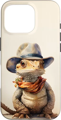 Vista 19 de iPhone 16 Lindo dragón barbudo Beardie con un estuche de sombrero de vaquero