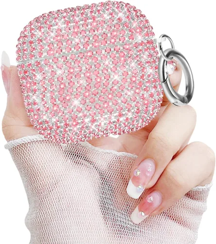 Vista 21 de Newseego Funda para AirPods de 1 y 2 generación, funda de lujo con diamantes de imitación brillantes con llavero para mujeres y niñas, anti-pérdida