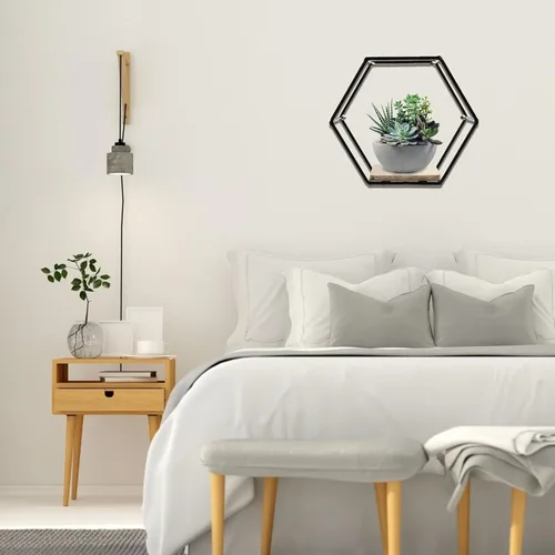 Vista 7 de Happyyami Estante de almacenamiento hexagonal de hierro negro montado en la pared, estante flotante decorativo para plantas suculentas y libros