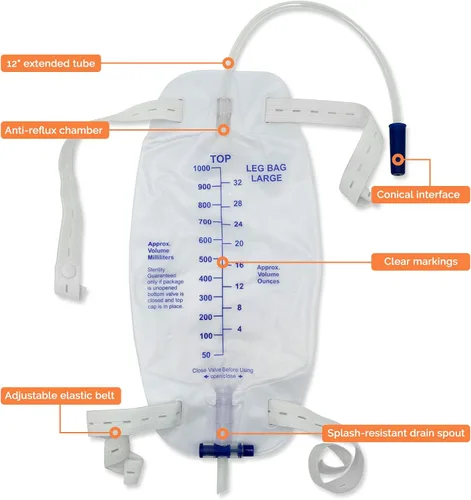 Vista 2 de Paquete de 5 bolsas de pierna fáciles de tocar con válvula antirreflujo, bolsas de catéter de 33.8 fl oz con 2 correas de tela, bolsa desechable