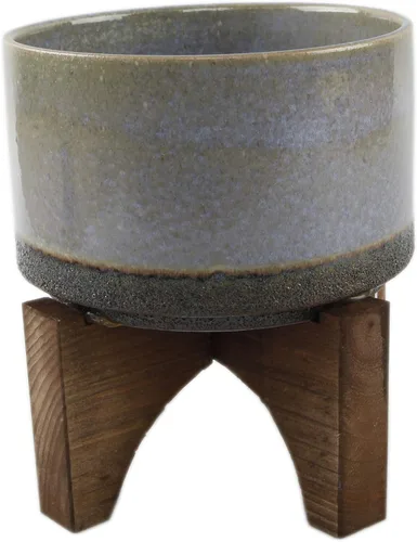 Vista 8 de Flora Bunda Mid Century - Soporte de cerámica de lava sobre madera, 5.1 pulgadas, color azul