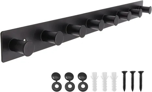 Vista 7 de Perchero pequeño montado en la pared, ganchos negros adhesivos y atornillados, ganchos de pared de acero inoxidable para colgar sombreros, toallas