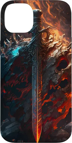 Vista 15 de Espada flameante y escudo el símbolo del guerrero Funda para iPhone 16